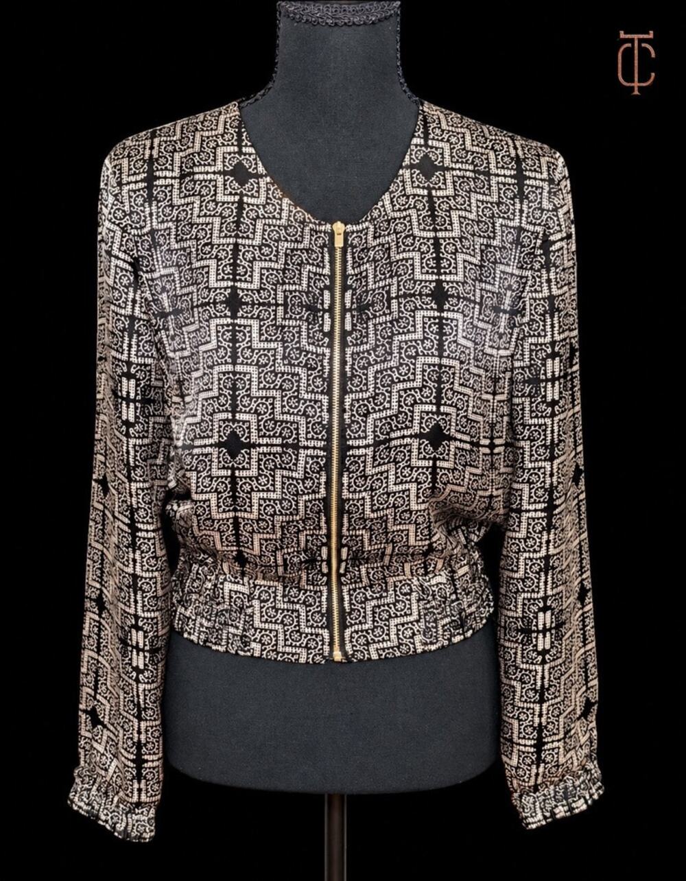 Women Club Monaco Black Beige Pattern Silk Bomber Jacket Zipper Size XS